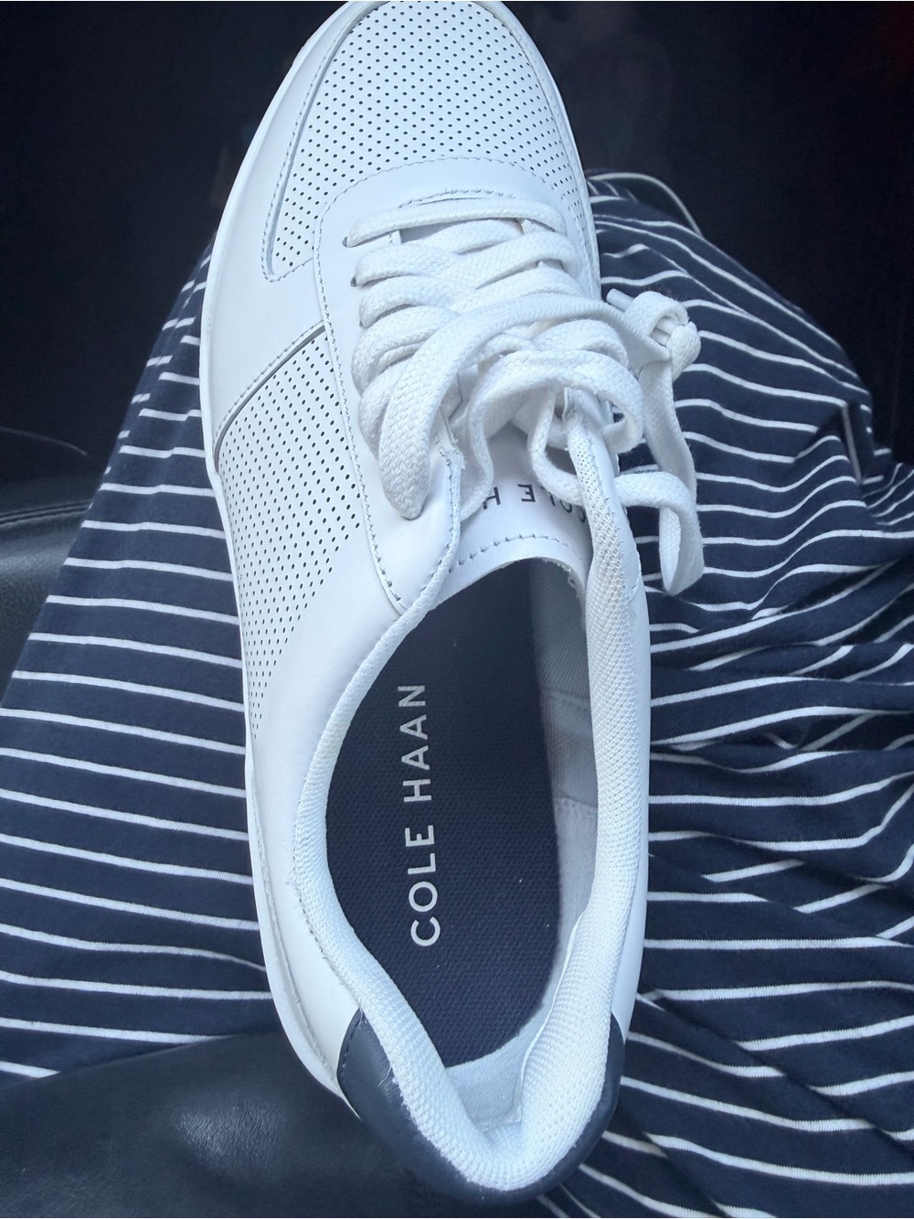 Cole Haan White Leather Perforated Lace-Up Sneaker with Black Insole Accent